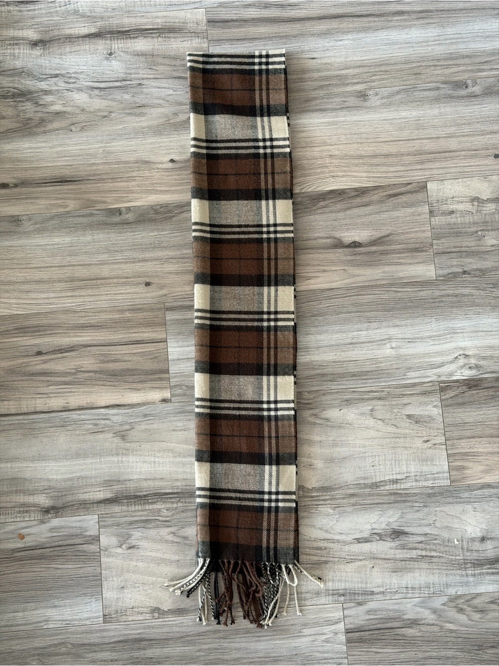 Brown Plaid Cashmere Fringe Scarf